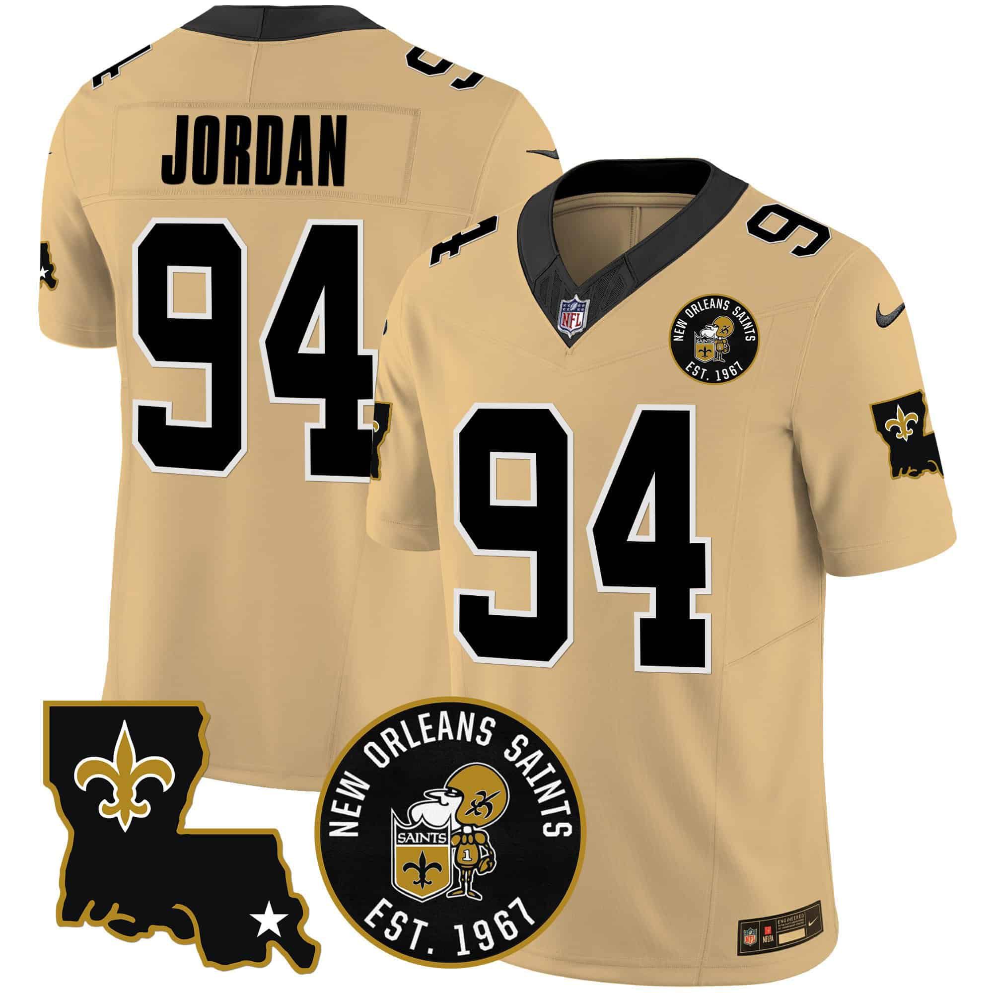 Men New Orleans Saints 94 Jordan Yellow 2024 Nike 1967 Patch Vapor Limited NFL Jersey